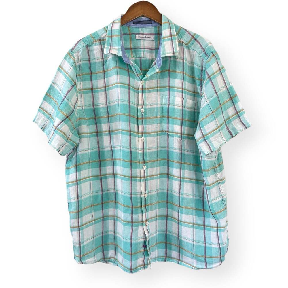Tommy Bahama Linen Teal Blue Green Plaid Short Sleeve Button Up Shirt Men’s XL